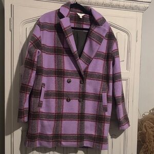Time and Tru Purple Plaid Double-Breasted Pea Coat